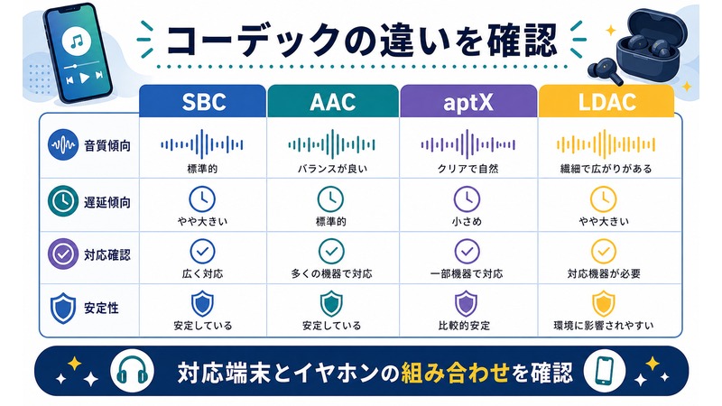 Android BluetoothのSBC、AAC、aptX、LDACを音質傾向、遅延傾向、対応確認、安定性で比較する日本語図解
