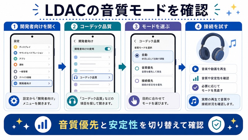 Androidの開発者向け設定でLDACのコーデック品質を開き、自動、音質優先、接続優先を切り替えて確認する日本語図解