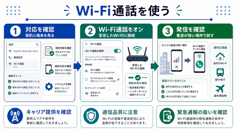 AndroidでWi-Fi通話の対応を確認し安定したWi-Fiで発信を確認する流れをまとめた日本語画像