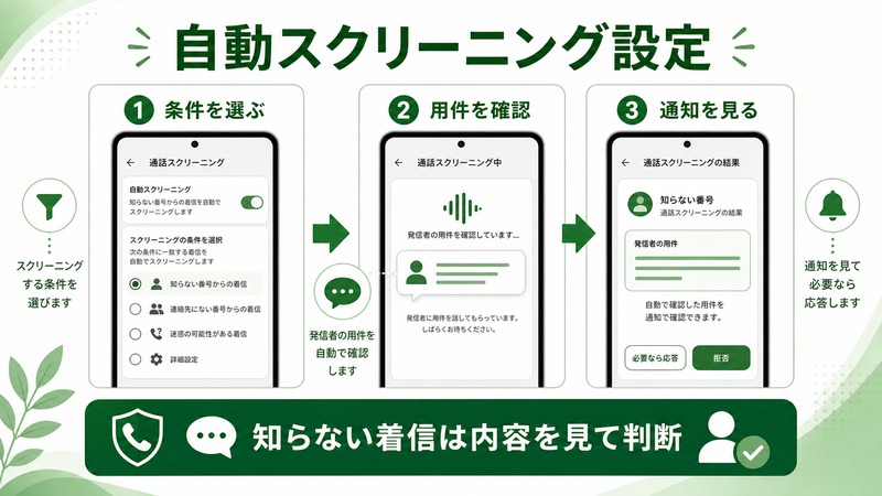 Androidの自動通話スクリーニングで条件を選び、用件を確認し、通知を見て必要なら応答する日本語図解