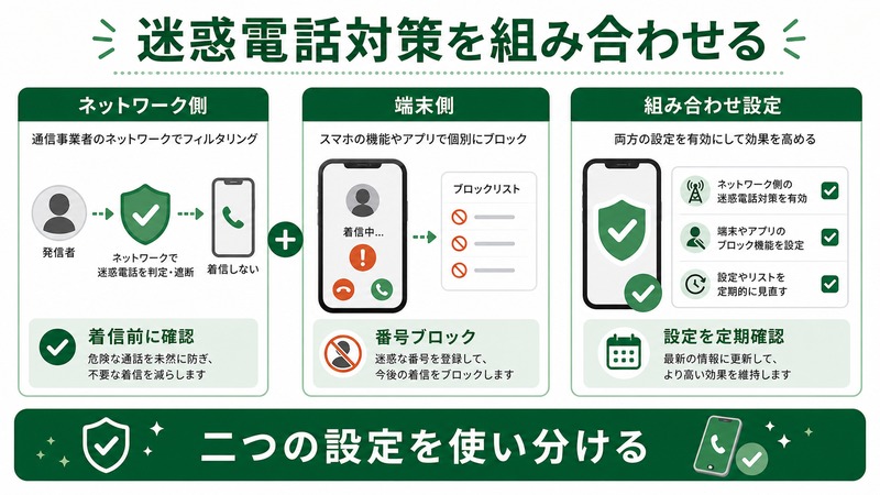 Androidの迷惑電話対策でネットワーク側、端末側、番号ブロック、設定確認を組み合わせる日本語図解