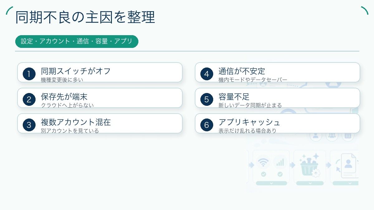 同期不良の主因を整理を説明する図解