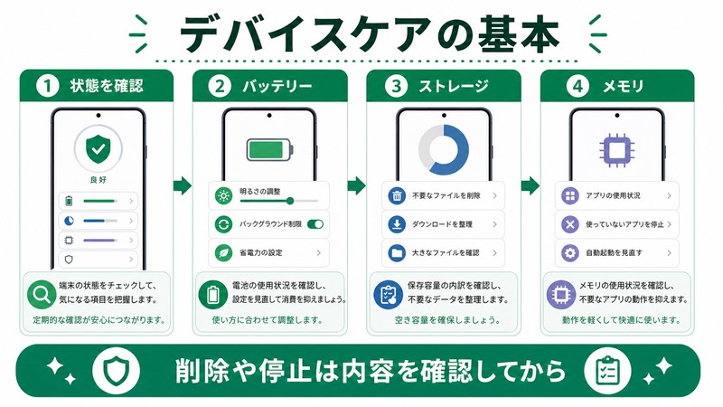 Androidのデバイスケアでバッテリー、ストレージ、メモリの状態を確認し、削除や停止前に内容を見直す日本語図解