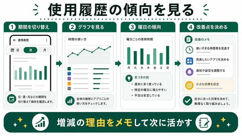 Androidの使用履歴で期間を切り替え、グラフと曜日の傾向を確認し、改善点を決める日本語図解