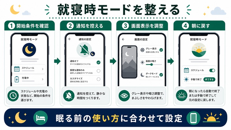Androidの就寝時モードで開始条件、通知、画面表示、朝に戻す設定を確認する日本語図解