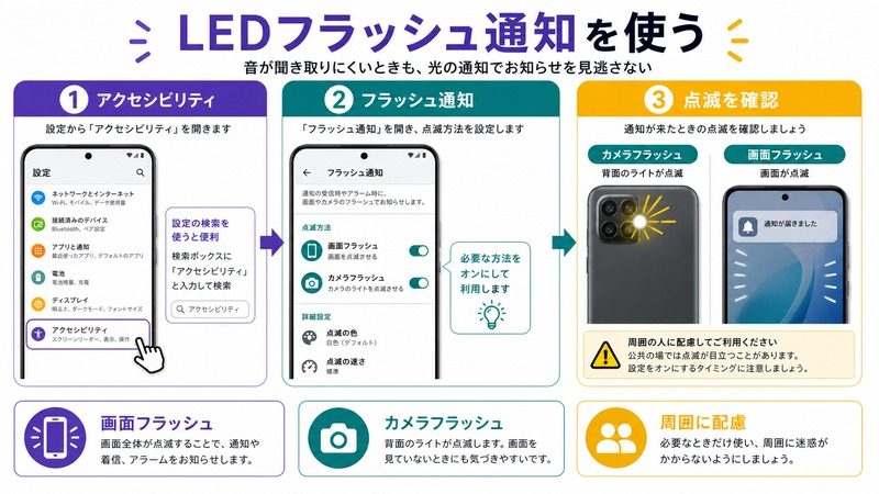 Androidのアクセシビリティから画面フラッシュやカメラフラッシュ通知を設定して点滅を確認する流れをまとめた日本語画像