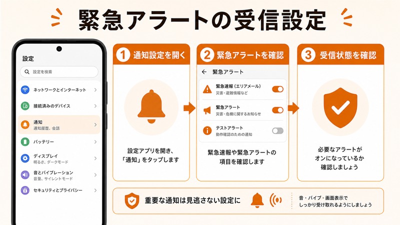 Androidで通知設定を開き緊急アラートを確認して受信状態を確認する流れをまとめた日本語画像