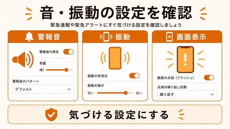 Androidの緊急アラートで警報音と振動と画面表示を確認して気づける設定にする流れをまとめた日本語画像