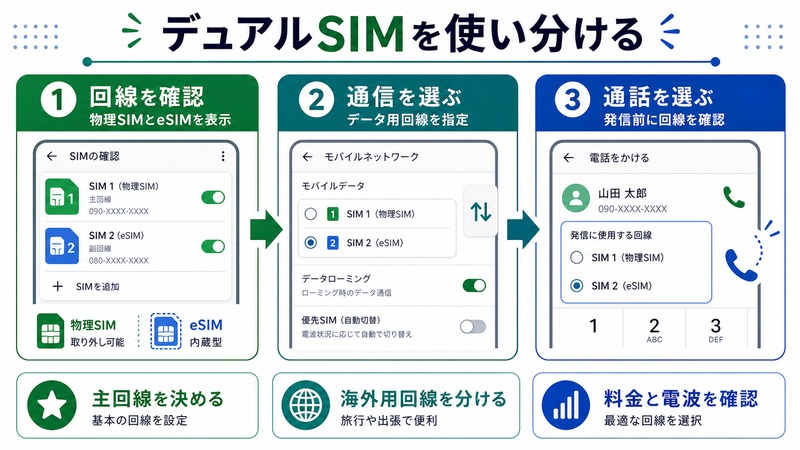 Androidで物理SIMとeSIMを表示しデータ通信や通話の回線を使い分ける流れをまとめた日本語画像