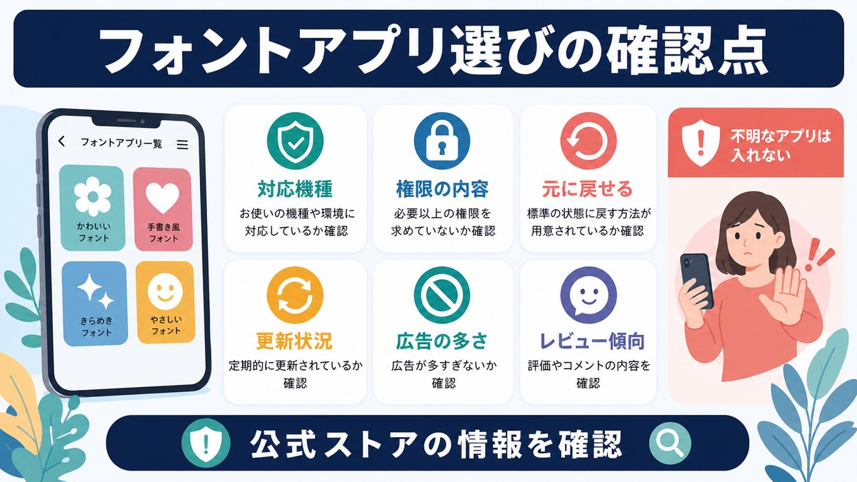 フォントアプリ選びの確認点の図解