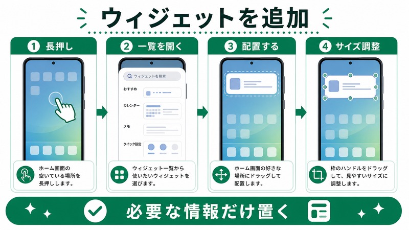 Androidでホーム画面を長押しし、一覧を開き、ウィジェットを配置してサイズ調整する日本語図解