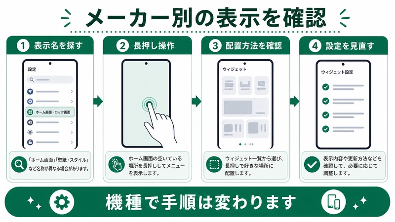 Androidで表示名、長押し操作、配置方法、設定見直しをメーカーや機種ごとに確認する日本語図解