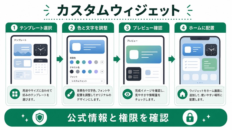 カスタムウィジェットでテンプレート選択、色と文字の調整、プレビュー確認、ホーム配置を行う日本語図解