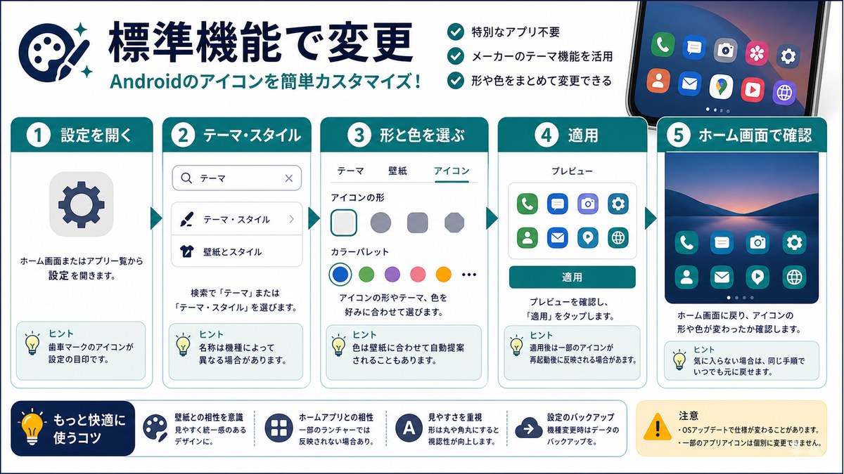 設定からテーマやスタイルを選びアイコンを変更する手順図