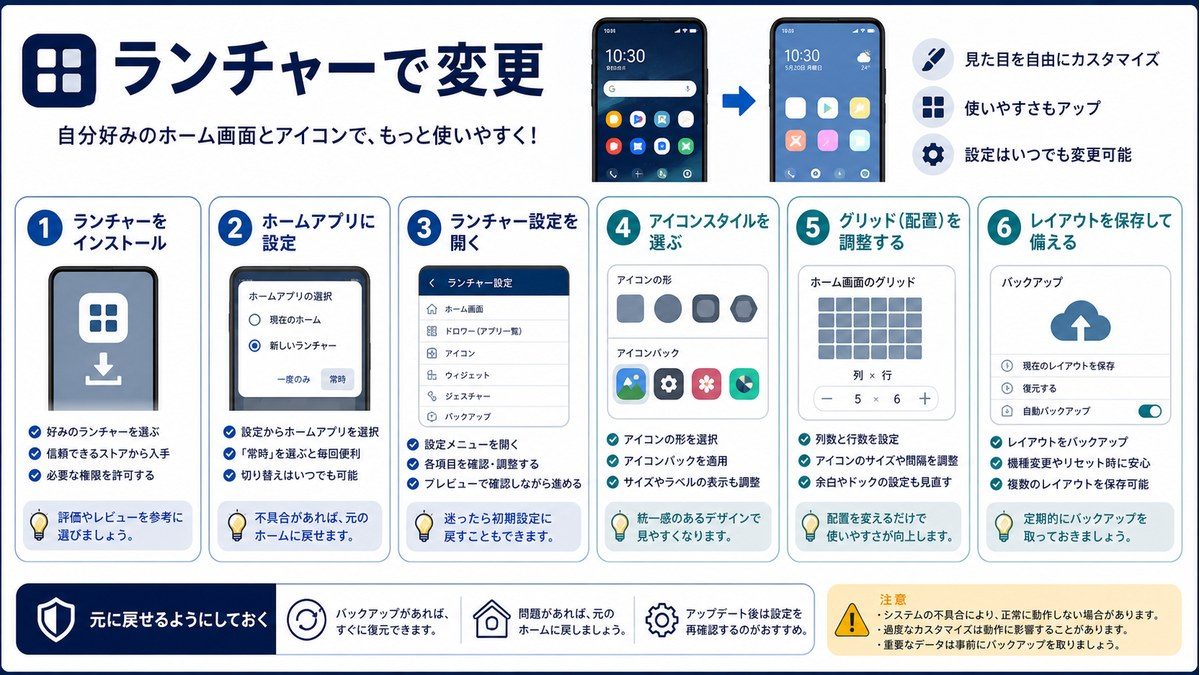 ホームアプリ設定、アイコンスタイル、グリッド調整、保存の手順図