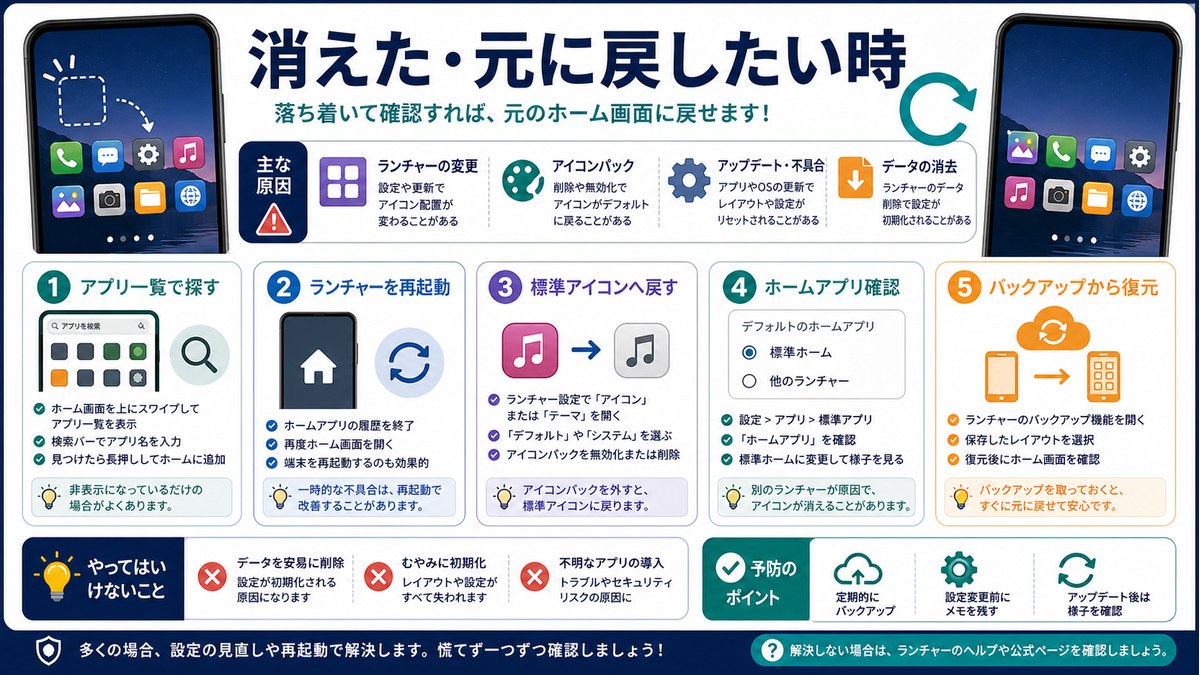 アプリ一覧検索、再起動、標準アイコン、ホームアプリ確認、バックアップの図解