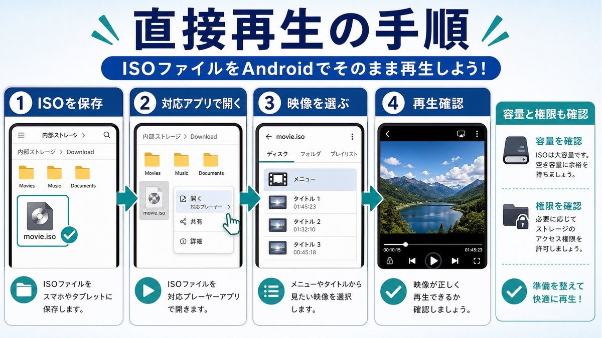 ISOファイルを対応アプリで開き映像を選んで再生確認する手順図