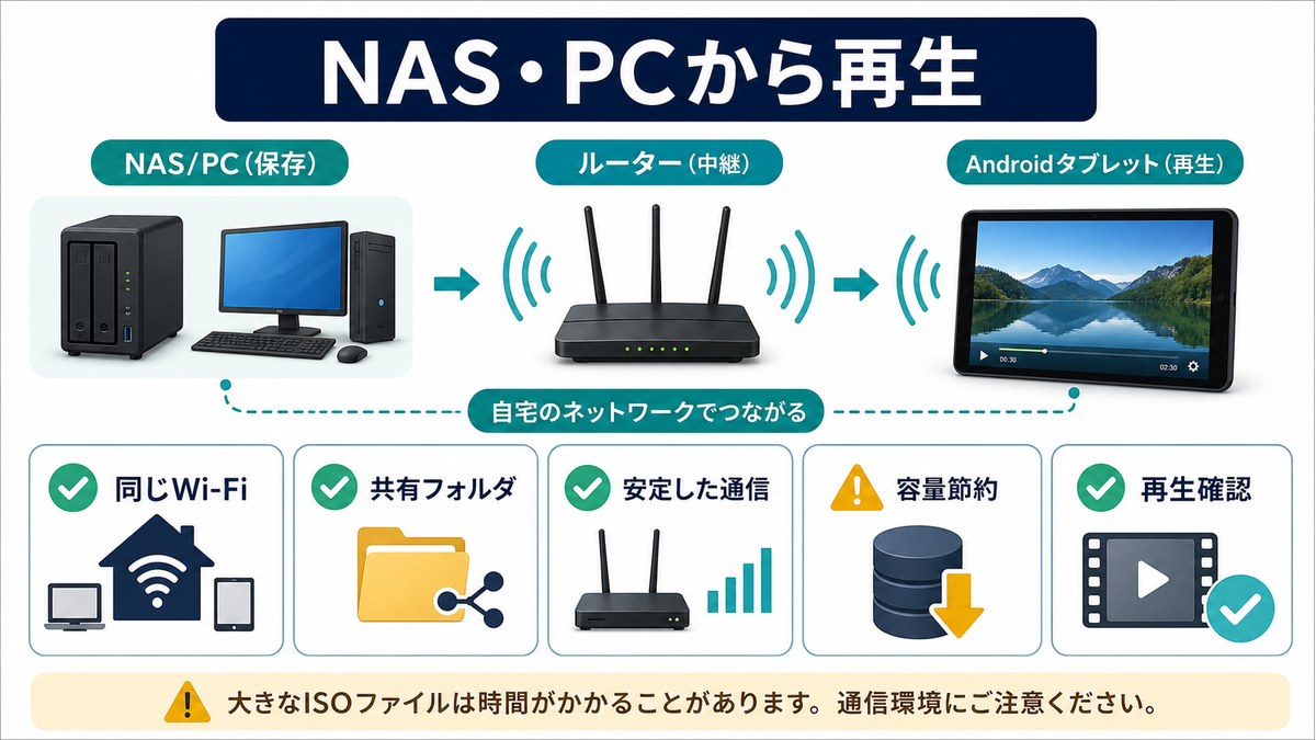 NASやPCから同じWi-Fi経由でAndroidタブレットへ再生する図解