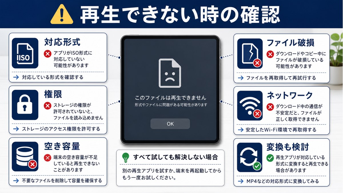 対応形式、権限、空き容量、破損、ネットワークを確認する図解