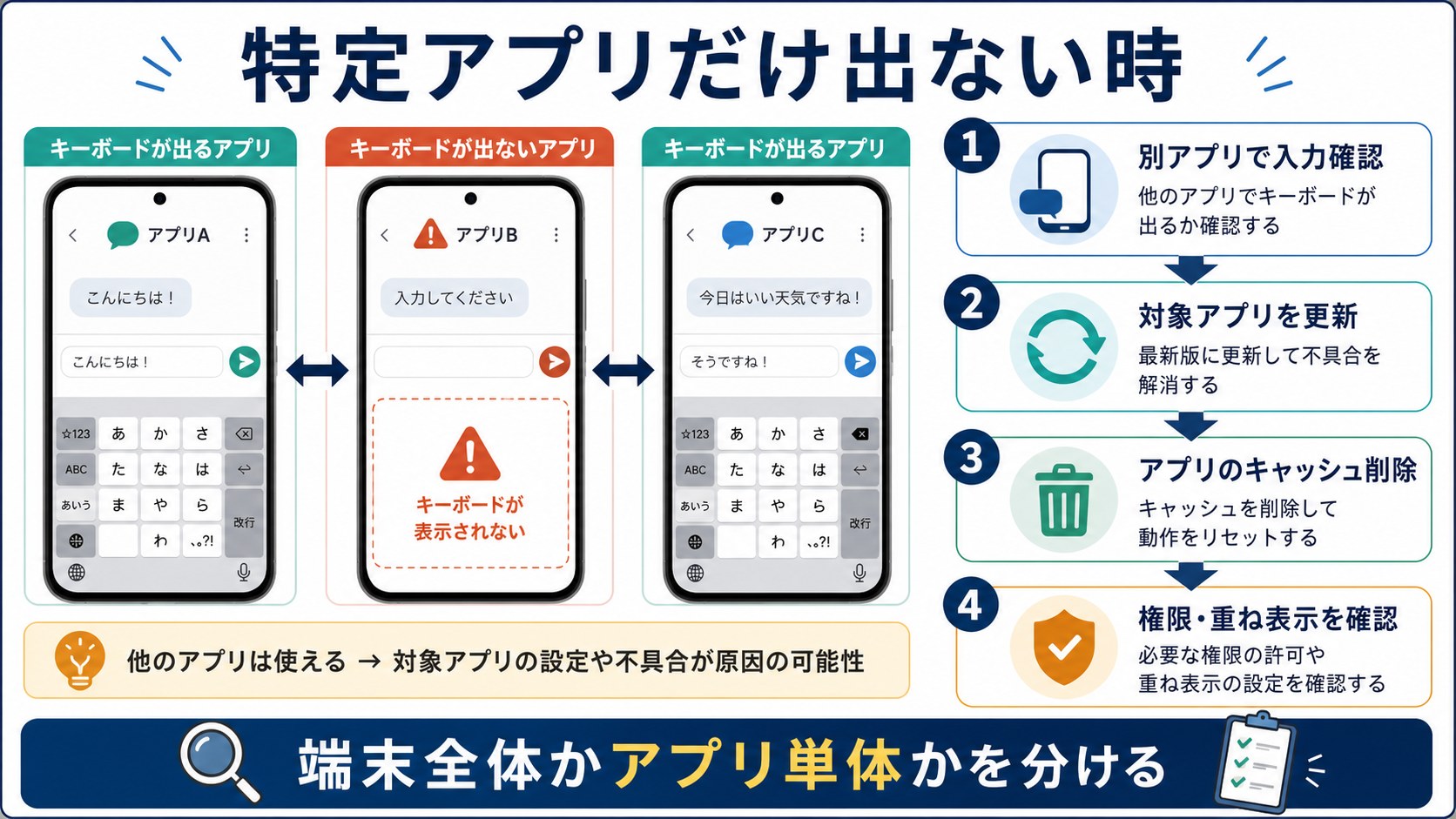 特定アプリだけキーボードが出ない時の切り分け