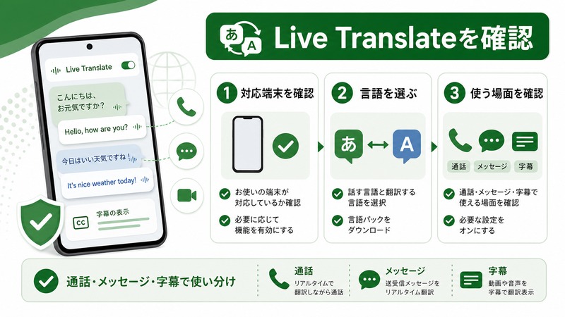 Android Live Translateで対応端末、言語、使う場面を確認し通話、メッセージ、字幕で使い分ける流れの日本語図解
