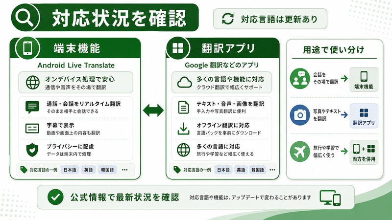 Live Translateの端末機能と翻訳アプリを用途で使い分け対応言語は更新されるため公式情報で確認する日本語図解