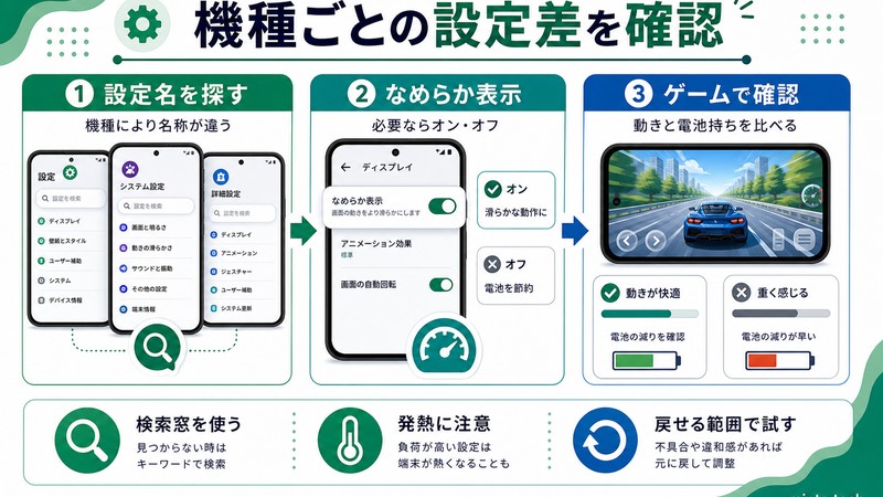 Androidで機種ごとの設定名の違いやなめらか表示やゲーム時の電池持ちを確認する流れをまとめた日本語画像