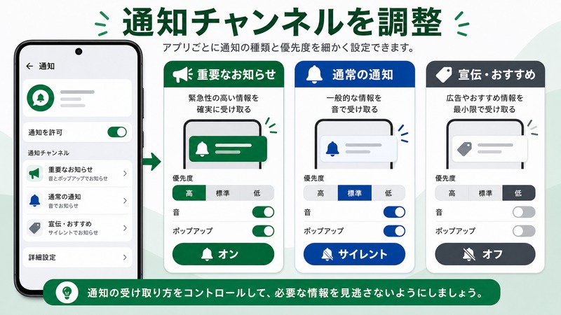 Androidの通知チャンネルで重要なお知らせと通常の通知と宣伝おすすめの通知を調整する流れをまとめた日本語画像