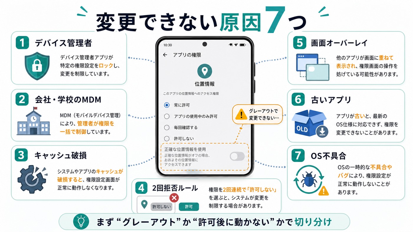 Androidのアプリ権限が変更できない7つの原因をまとめた図解