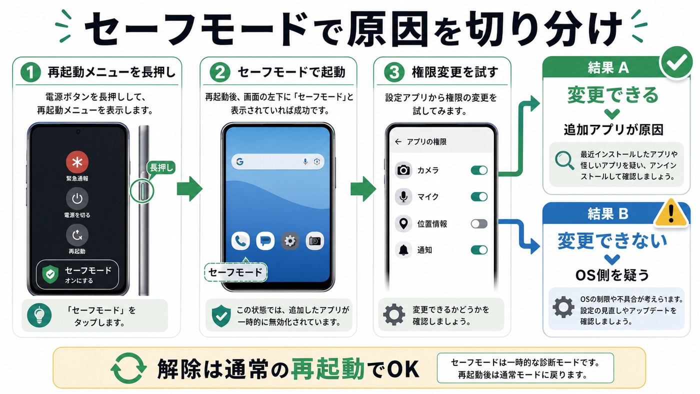 Androidのセーフモードで権限トラブルの原因を切り分ける図解