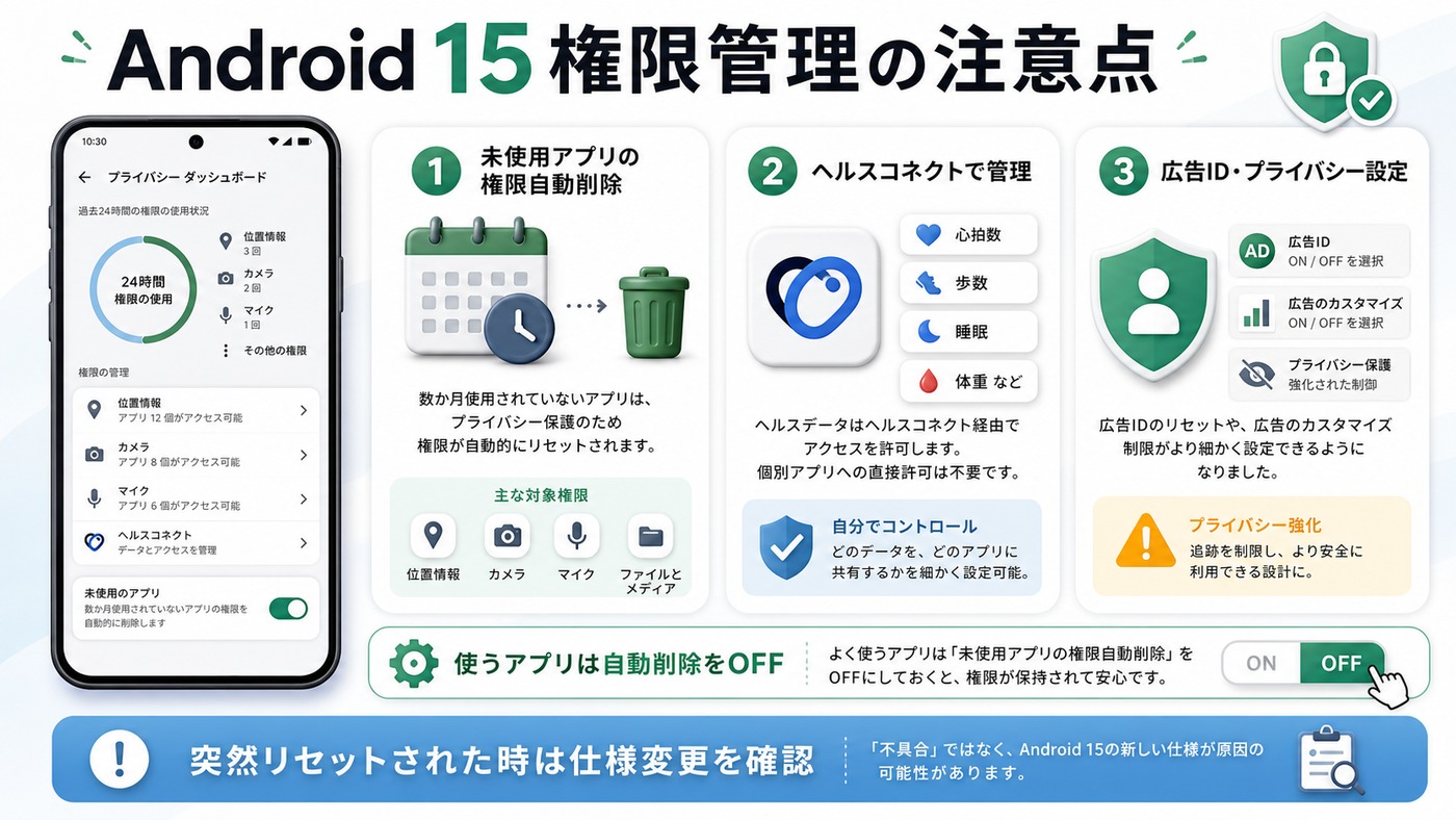 Android 15の権限管理で注意すべき自動削除やヘルスコネクトをまとめた図解