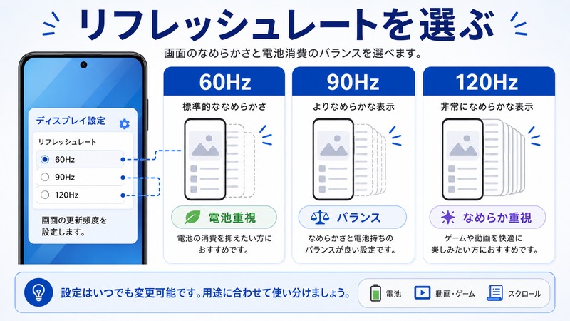 Androidで60Hzと90Hzと120Hzを電池重視やバランスやなめらか重視で選ぶ流れをまとめた日本語画像