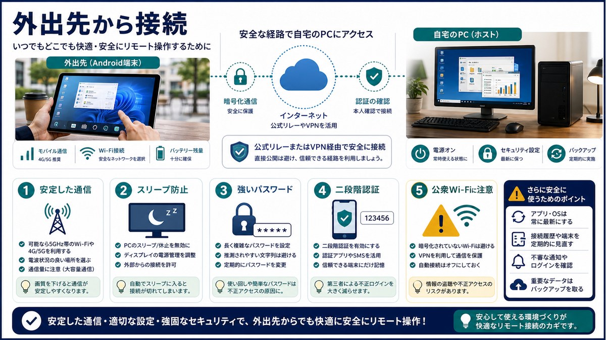 通信、スリープ防止、強いパスワード、二段階認証、公衆Wi-Fi注意の図解