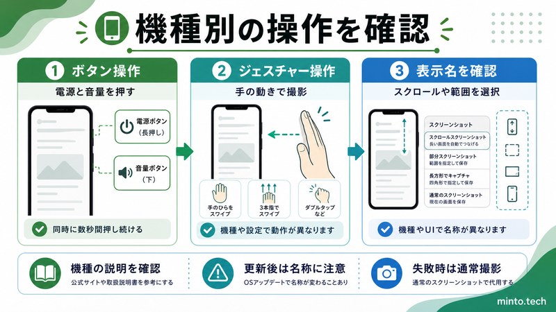 Androidの機種ごとのスクリーンショット操作やジェスチャー操作や表示名を確認する流れをまとめた日本語画像