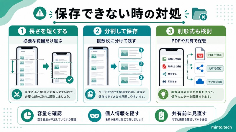 Androidのスクロールスクリーンショットで保存できない時に範囲を短くし分割保存やPDF共有を検討する流れをまとめた日本語画像