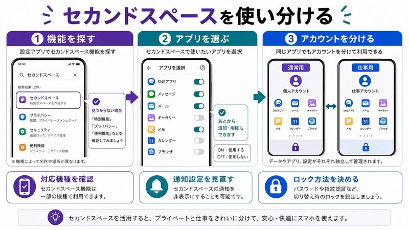 Androidのセカンドスペース対応機種で機能を探しアプリとアカウントを分けて使う流れをまとめた日本語画像