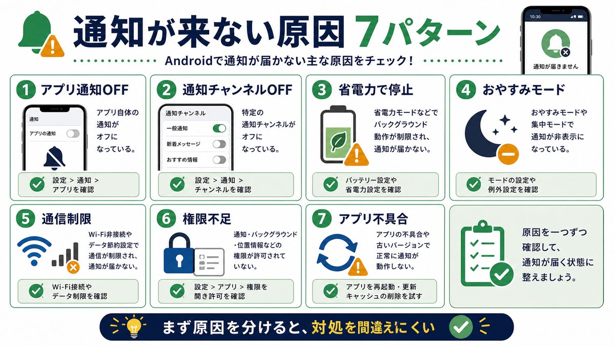 通知が来ない原因7パターンの図解