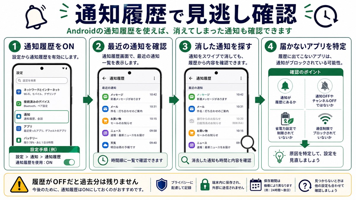 通知履歴で見逃し確認の図解