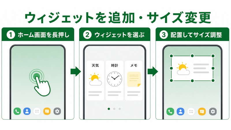 Androidのホーム画面を長押ししてウィジェットを選び配置してサイズを調整する手順をまとめた日本語画像