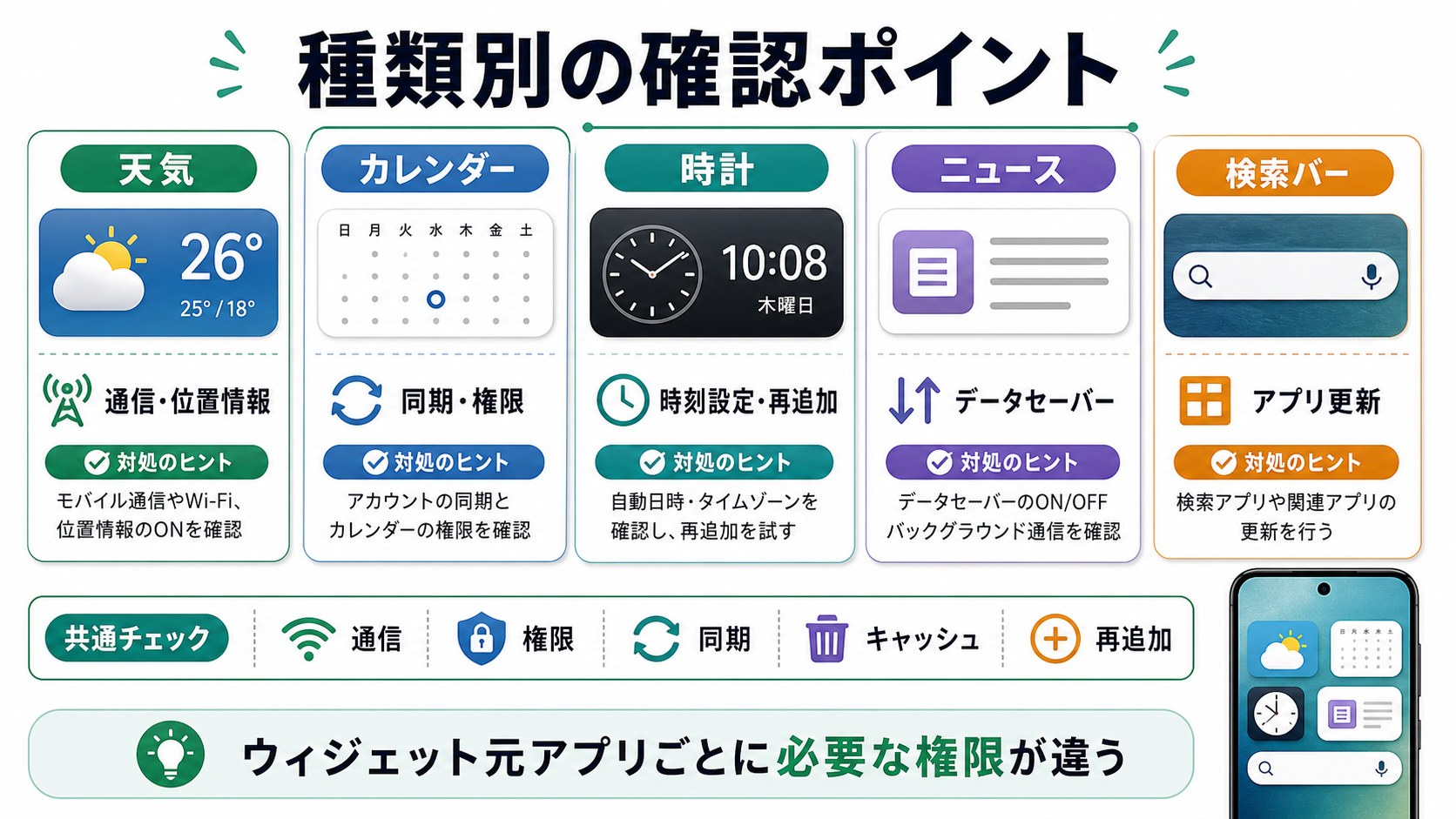 天気やカレンダーなどウィジェット種類別の確認ポイント図解