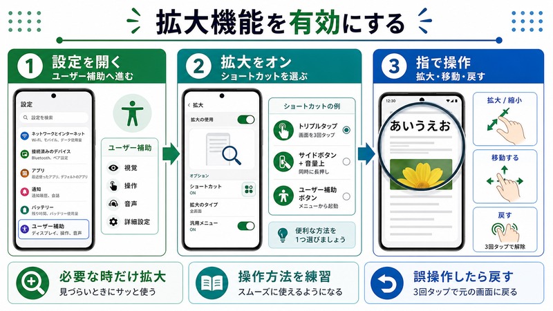 Androidのユーザー補助から拡大機能を有効にしショートカットや指操作で拡大する流れをまとめた日本語画像