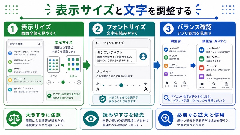 Androidで表示サイズやフォントサイズを調整しアプリ表示のバランスを確認する流れをまとめた日本語画像