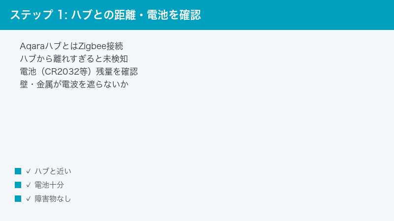 ステップ 1: ハブとの距離・電池を確認 — AqaraハブとはZigbee接続・ハブから離れすぎると未検知・電池（CR2032等）残量を確認