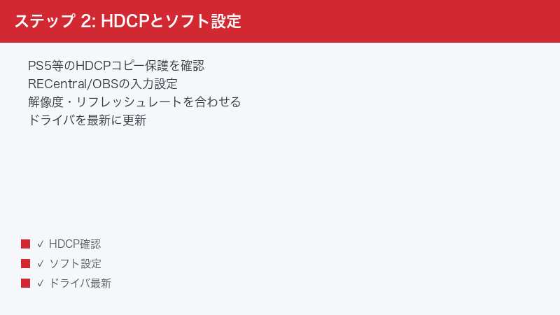 ステップ 2: HDCPとソフト設定 — PS5等のHDCPコピー保護を確認・RECentral/OBSの入力設定・解像度・リフレッシュレートを合わせる