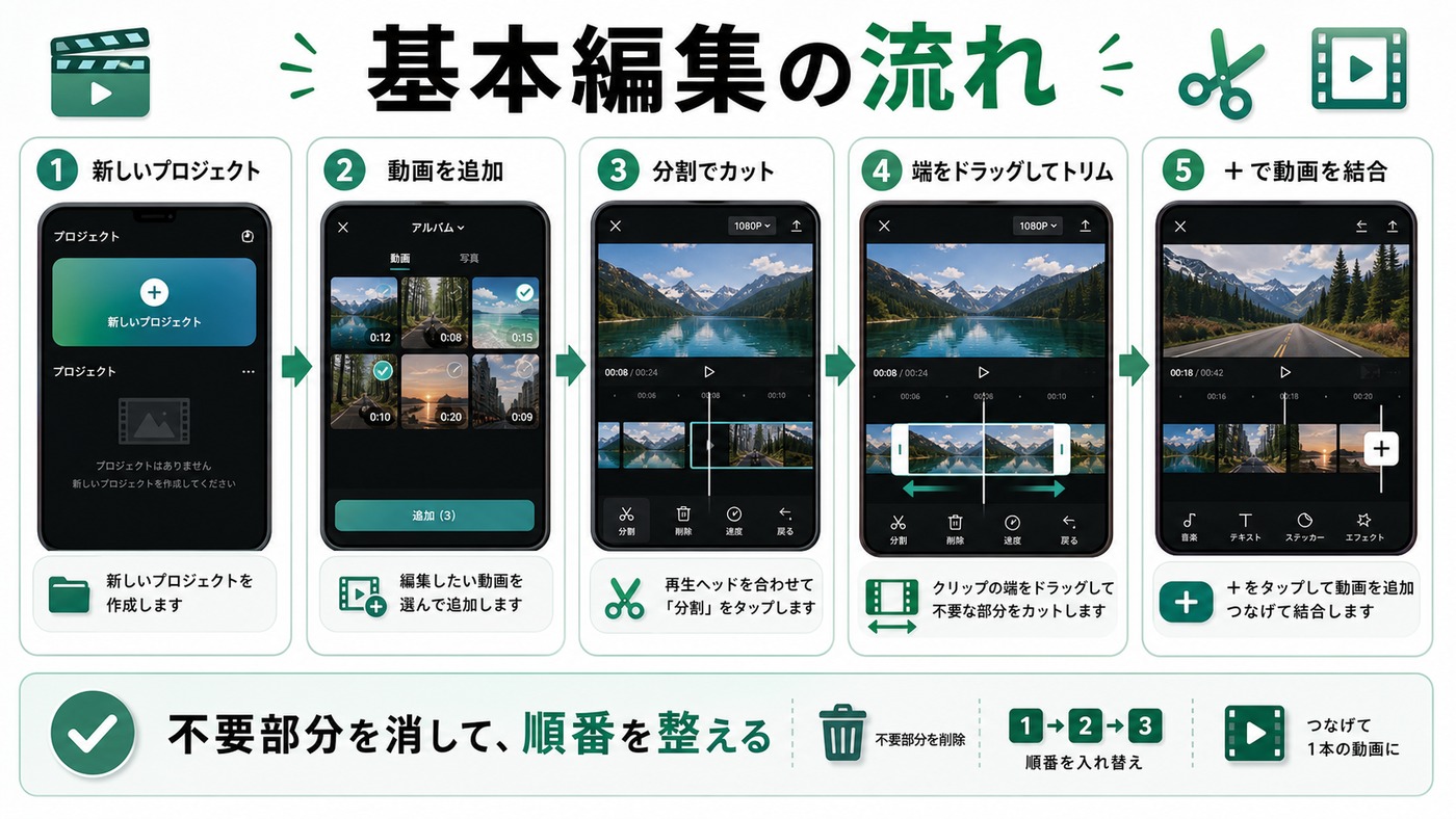CapCutで動画をカットトリム結合する基本編集の流れをまとめた図解