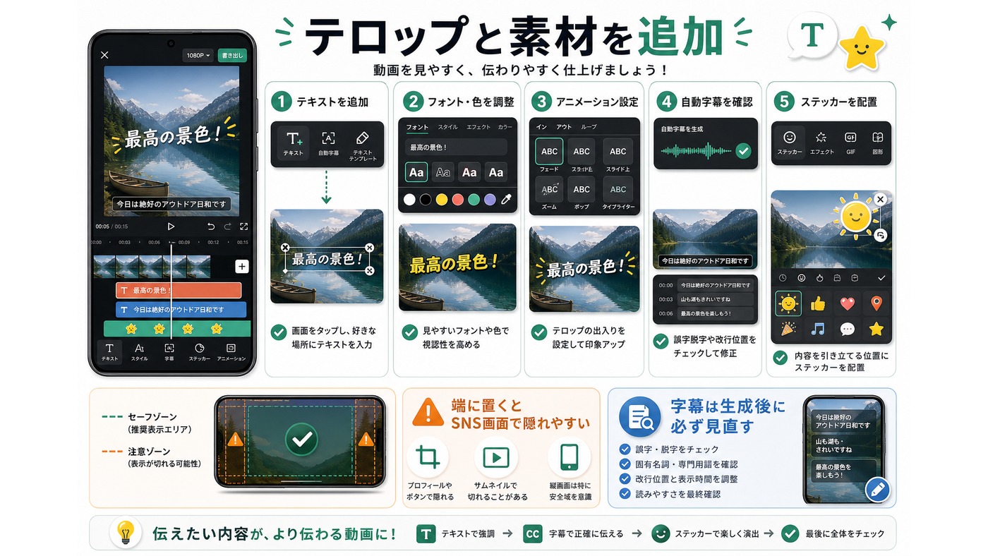 CapCutでテキストテロップ自動字幕ステッカーを追加する流れをまとめた図解