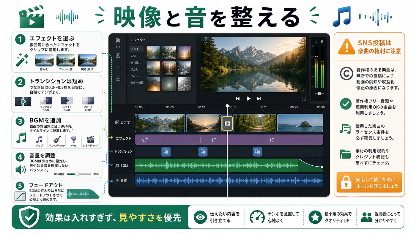 CapCutでエフェクトトランジションBGM音量フェードを設定する流れをまとめた図解