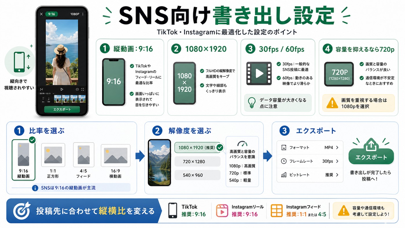 CapCutでSNS向けに縦横比解像度fpsを設定して書き出す流れをまとめた図解
