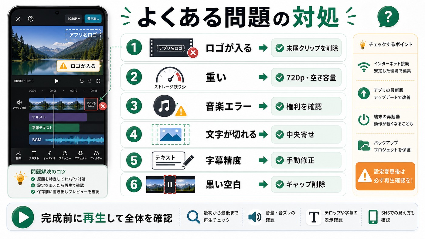 CapCutでよくあるロゴ重い音楽エラー文字切れ字幕精度黒い空白の対処をまとめた図解