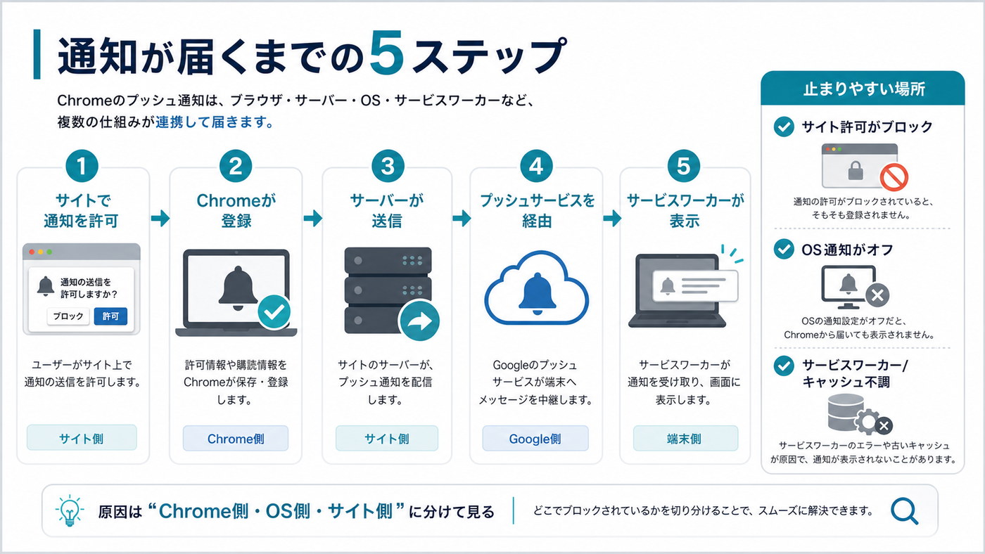 Chromeプッシュ通知が届く仕組みを5ステップでまとめた図解
